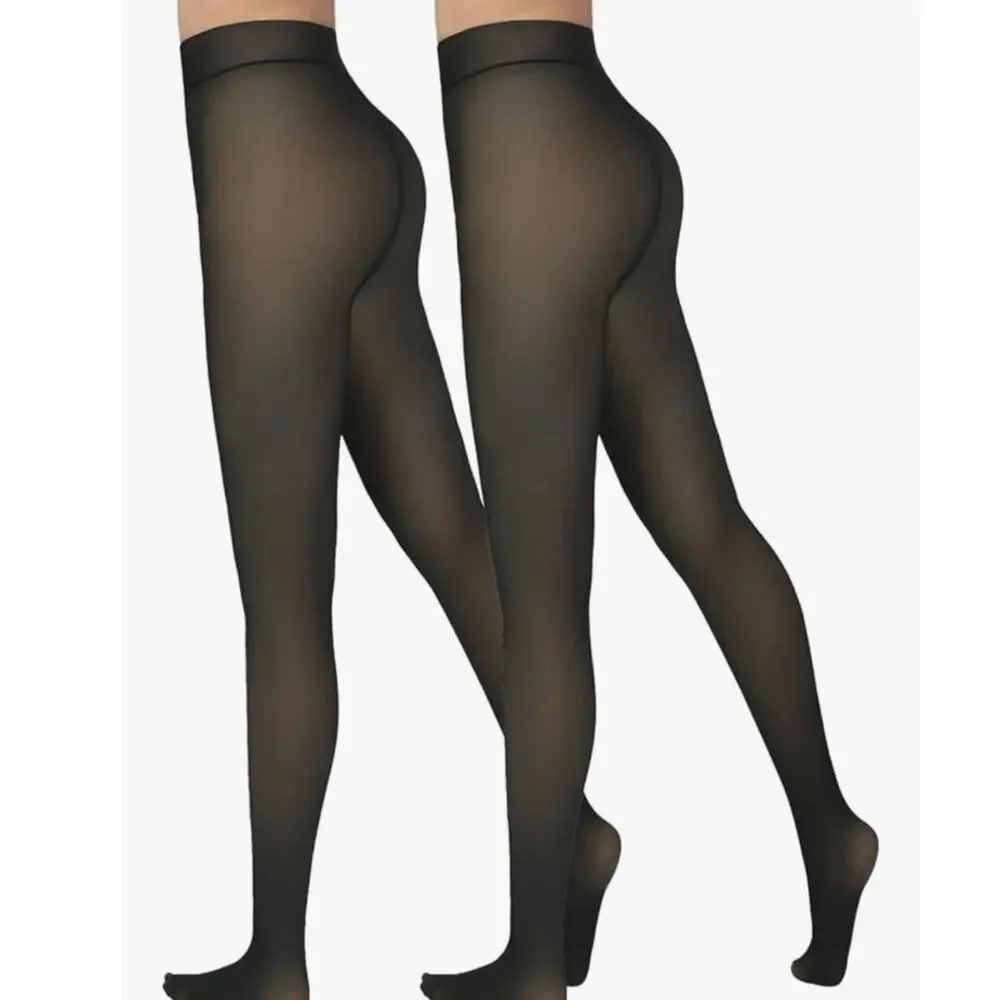Delcast 2 Pairs Black Fleece Lined Tights Women Thermal Sheer XS